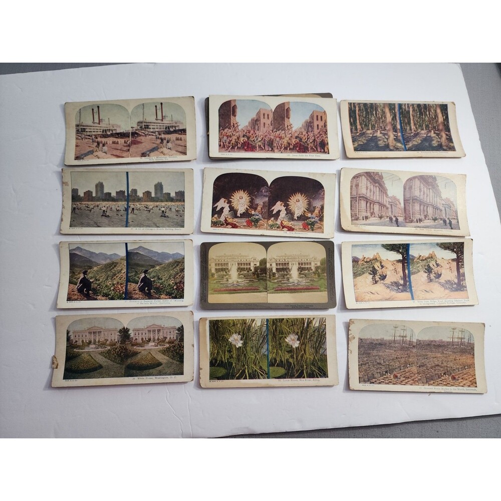 Lot of 12 Antique Color Stereoview Cards Travel Religious White House Chicago